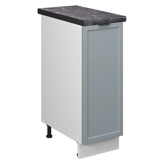 Vicco Schrankküche Fame-Line Hellblau-grau, AP Anthrazit - Hellblau-grau, Apothekerunterschrank 30 cm, AP Anthrazit - Küchenunterschrank mit blaugrauer Front, dunkelgrauer Arbeitsplatte, integriertem Griff und weißem Sockel.