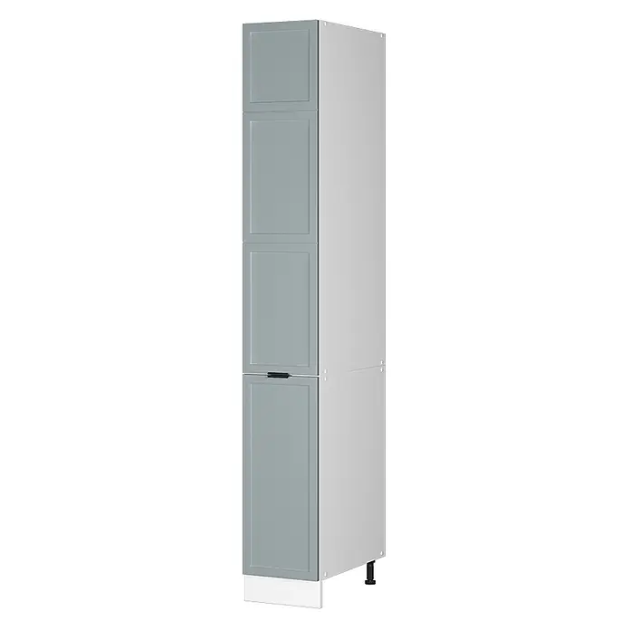 Vicco Schrankküche Fame-Line Hellblau-grau - Hellblau-grau, Apothekerhochschrank 30 cm - Hoher, hellgrauer Schrank mit Kassettenfronten und weißen Seitenwänden, mit schwarzem Griff und verstellbaren Füßen.