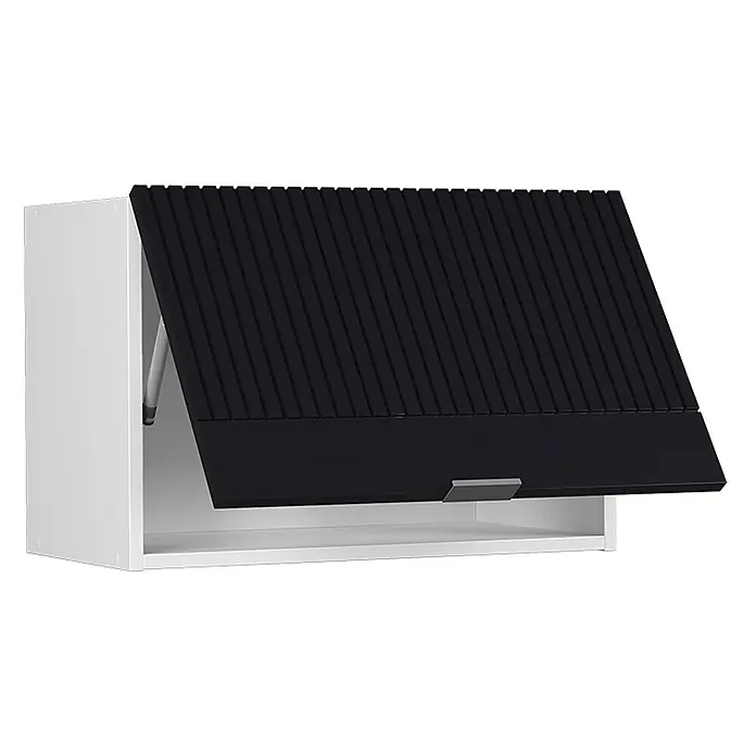 Vicco Schrankküche Fame-Line Schwarz gestreift Flach - Schwarz gestreift, Hängeschrank 60 cm (flach) - Weißer Wandschrank mit teilweise geöffneter schwarzer Lamellen-Rolltür, die einen silbernen Hydraulikarm und Metallgriff zeigt.