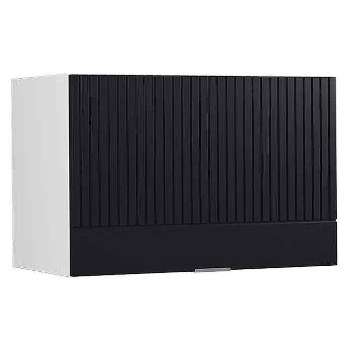 Vicco Schrankküche Fame-Line Schwarz gestreift Flach - Schwarz gestreift, Hängeschrank 60 cm (flach) - Schwarzer Lamellen-Schrank mit weißer Seitenwand und silbernem Griff.