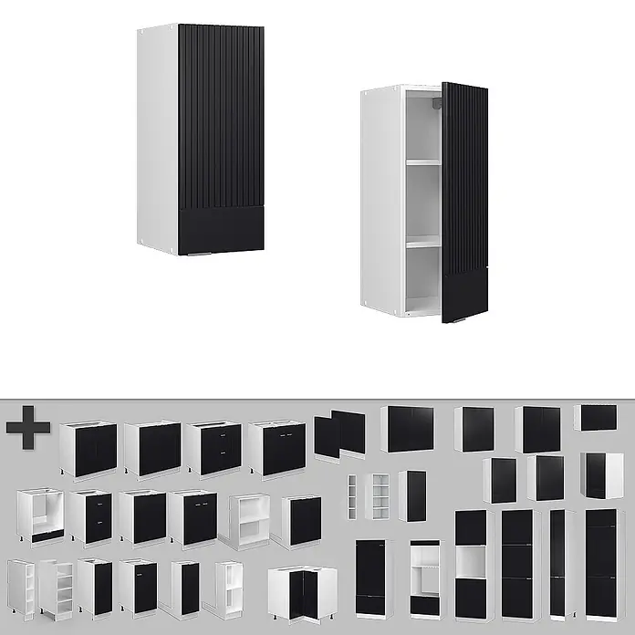 Vicco Schrankküche Fame-Line Schwarz gestreift - Schwarz gestreift, Hängeschrank 30 cm - Modulare Küchenschränke in verschiedenen Konfigurationen: weiße Korpusse, schwarze geriffelte und glatte Fronten, Wand-, Unter- und Hochschränke.