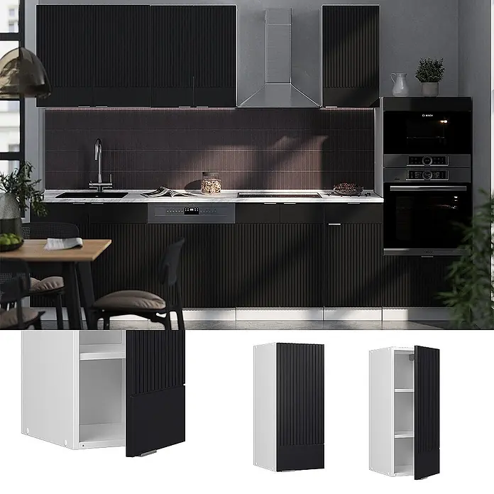 Vicco Schrankküche Fame-Line Schwarz gestreift - Schwarz gestreift, Hängeschrank 30 cm - Moderne Küche mit schwarzen geriffelten Schränken für Stauraum und Geräte.