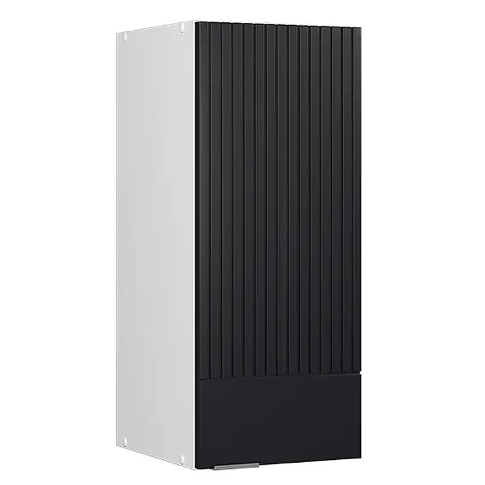 Vicco Schrankküche Fame-Line Schwarz gestreift - Schwarz gestreift, Hängeschrank 30 cm - Weißer Schrank mit schwarzer geriffelter Front, glatter Unterplatte und kleinem silbernen Griff.
