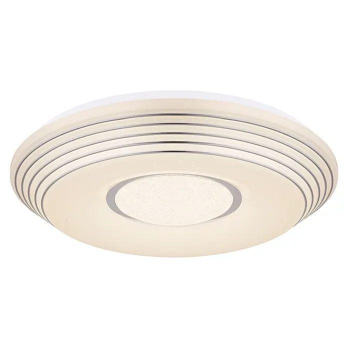 Globo LED-Deckenleuchte rund Pillo - 40 W, Ø x H: 50 x 8,5 cm, Weiß - Runde, flache LED-Deckenleuchte mit cremefarbenem Diffusor, Glitzereffekt, silbernen Ringen und strukturiertem Mittelelement.
