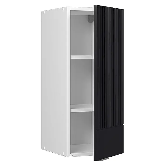 Vicco Schrankküche Fame-Line Schwarz gestreift - Schwarz gestreift, Hängeschrank 30 cm - Weißer Wandschrank mit schwarzer gerippter Tür, teilweise geöffnet, zeigt Regale.