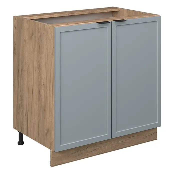 Vicco Schrankküche Fame-Line Hellblau-grau mit Regal, ohne Arbeitsplatte - Hellblau-grau, Unterschrank 80 cm - Küchenunterschrank: Hellgraue Türen, Holzmaserungsrahmen, schwarze Griffe & Beine, passende Sockelblende.