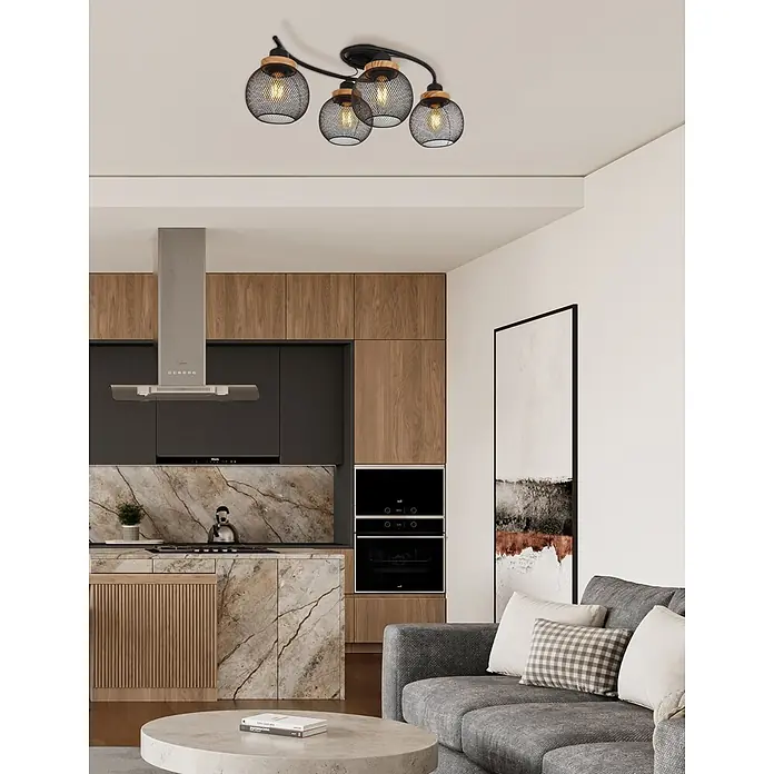 Globo Deckenleuchte Pablo - 40 W, L x B x H: 600 x 350 x 220 mm, E27 - Eine moderne schwarze Deckenleuchte mit vier Gitterlampenschirmen und Holzdetails beleuchtet einen Küchen- und Wohnbereich.