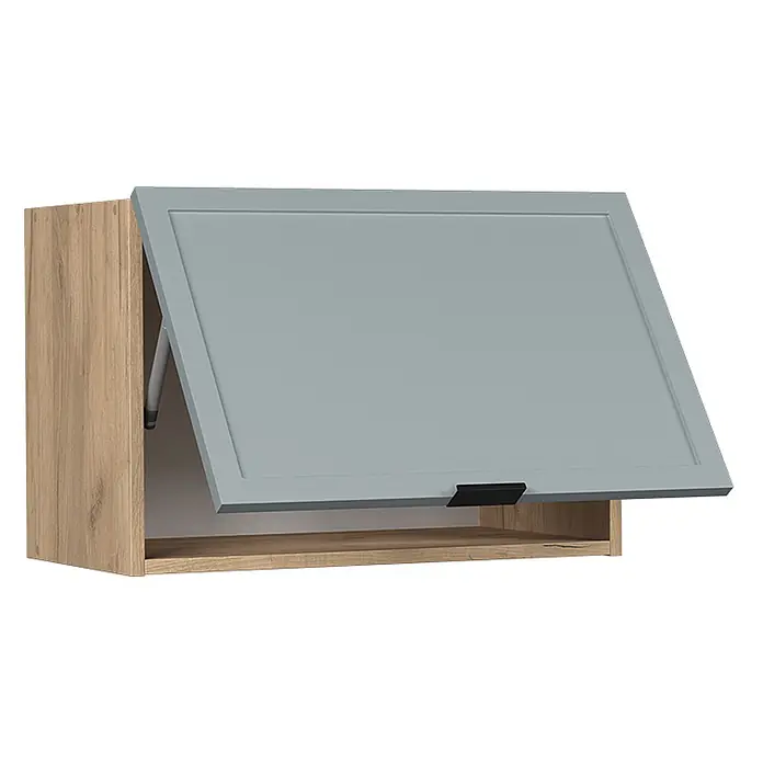 Vicco Schrankküche Fame-Line Hellblau-grau Flach - Hellblau-grau, Hängeschrank 60 cm (flach) - Wandschrank mit Holzoptik-Korpus und hochklappbarer hellgrauer Tür mit Gasdruckfeder und schwarzem Griff.