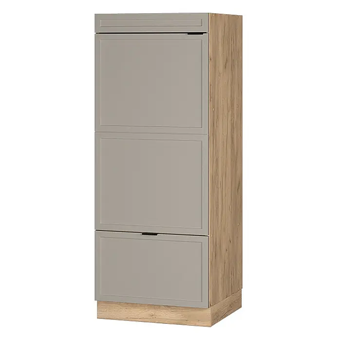 Vicco Schrankküche Fame-Line GrauBeige - GrauBeige, Mikrowellenumbauschrank 60 cm - Hoher Schrank mit drei hellgrauen Shaker-Fronten und heller Holz-Seitenwand, mit Griffmulde.
