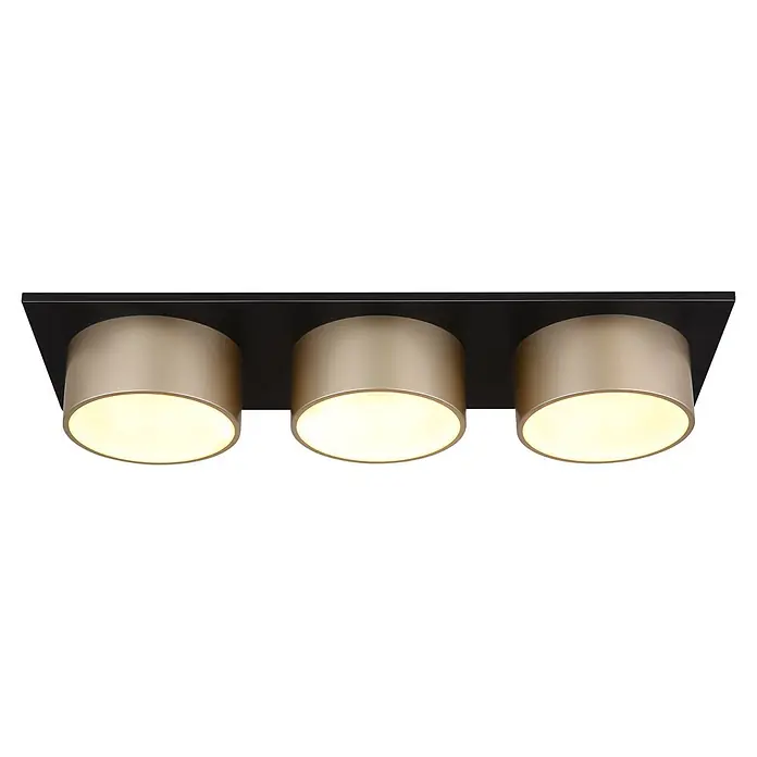 Globo Deckenleuchte Raymond - 24 W, L x B x H: 580 x 200 x 110 mm, Lichtfarbe: Warmweiß - Schwarze rechteckige Deckenleuchte mit drei champagnerfarbenen Zylinderleuchten, die warmes Licht abstrahlen.