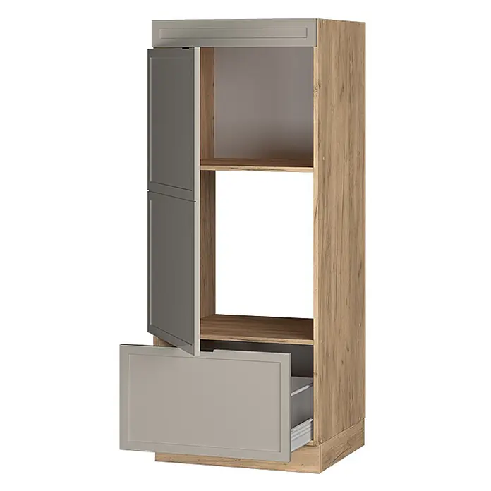 Vicco Schrankküche Fame-Line GrauBeige - GrauBeige, Mikrowellenumbauschrank 60 cm - Hoher Küchenschrank mit heller Holzmaserung, hellgrauen Türen und einer Bodenschublade, mit offenem Fach für ein Einbaugerät.