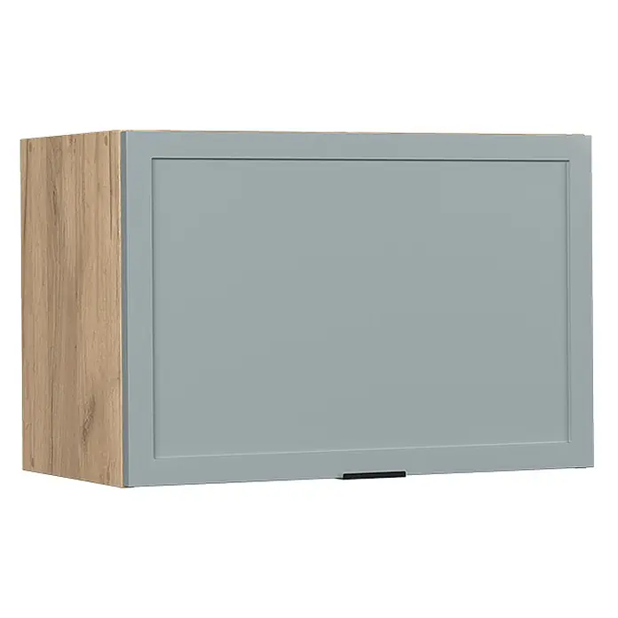 Vicco Schrankküche Fame-Line Hellblau-grau Flach - Hellblau-grau, Hängeschrank 60 cm (flach) - Hellblau-grauer Oberschrank mit Holzmaserung und schwarzem Griff.