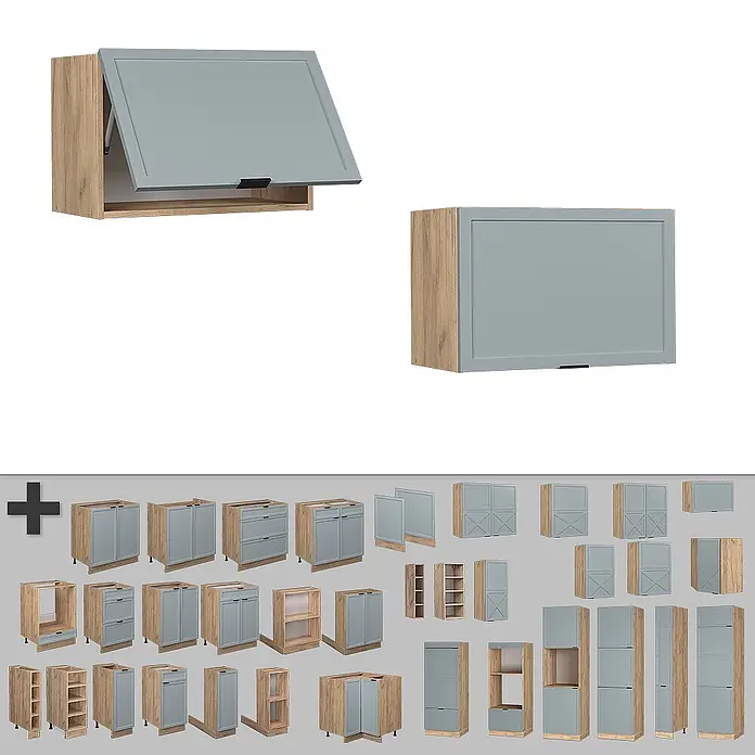Vicco Schrankküche Fame-Line Hellblau-grau Flach - Hellblau-grau, Hängeschrank 60 cm (flach) - Kollektion modularer Küchenschränke mit hellgrauen Türen und hellen Holzrahmen.