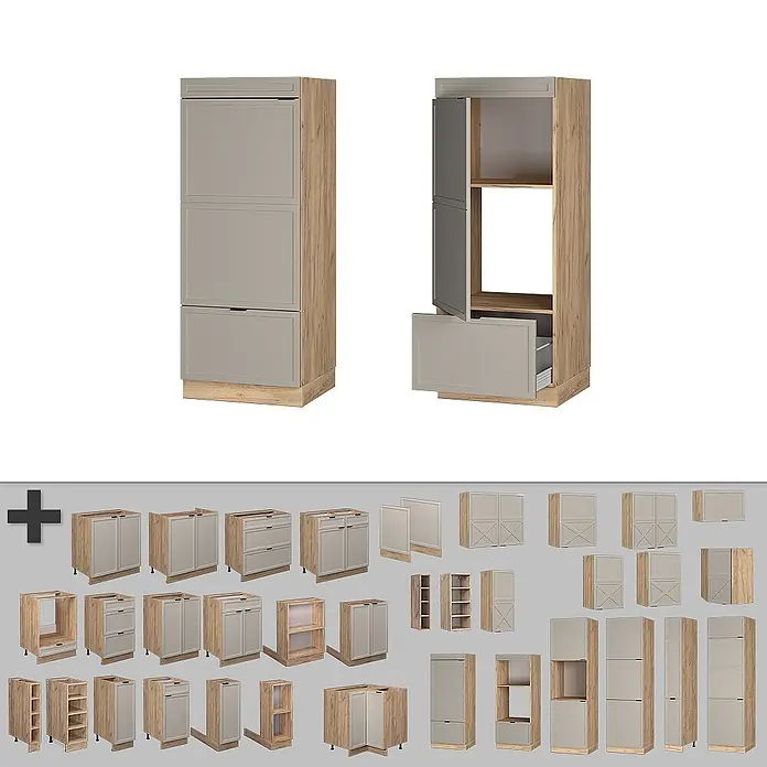 Vicco Schrankküche Fame-Line GrauBeige - GrauBeige, Mikrowellenumbauschrank 60 cm - Hoher Küchenschrank in Holzoptik und Grau, geschlossen und offen, daneben verschiedene modulare Küchenelemente.