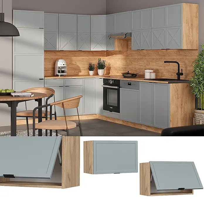 Vicco Schrankküche Fame-Line Hellblau-grau Flach - Hellblau-grau, Hängeschrank 60 cm (flach) - Eckküche mit hellgrauen Schränken, Holzelementen und einem funktionalen Klapphänger.