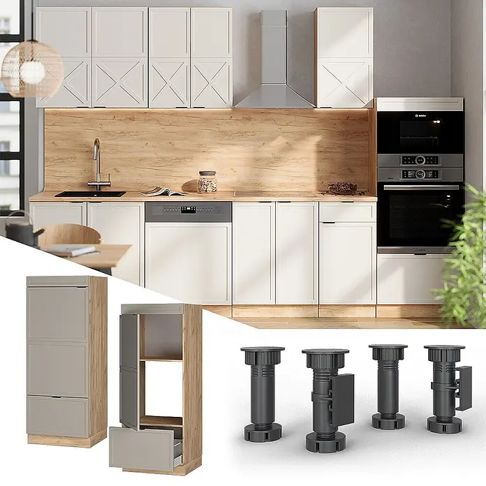 Vicco Schrankküche Fame-Line GrauBeige - GrauBeige, Mikrowellenumbauschrank 60 cm - Moderne hellbeige Küche mit Holzoptik-Arbeitsplatte, integrierten Edelstahlgeräten, hohem grauen Schrank und verstellbaren Sockelfüßen.