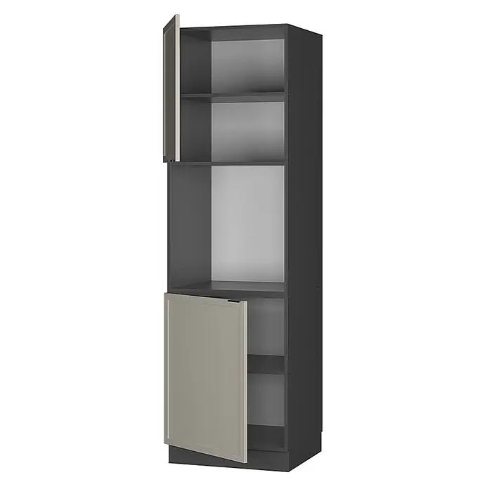 Vicco Schrankküche Fame-Line GrauBeige offen - GrauBeige, Herdumbauschrank hoch 60 cm offen - Hoher dunkelgrauer Schrank mit hellgrauen Türen, offenen Fächern und Gerätestellplatz.