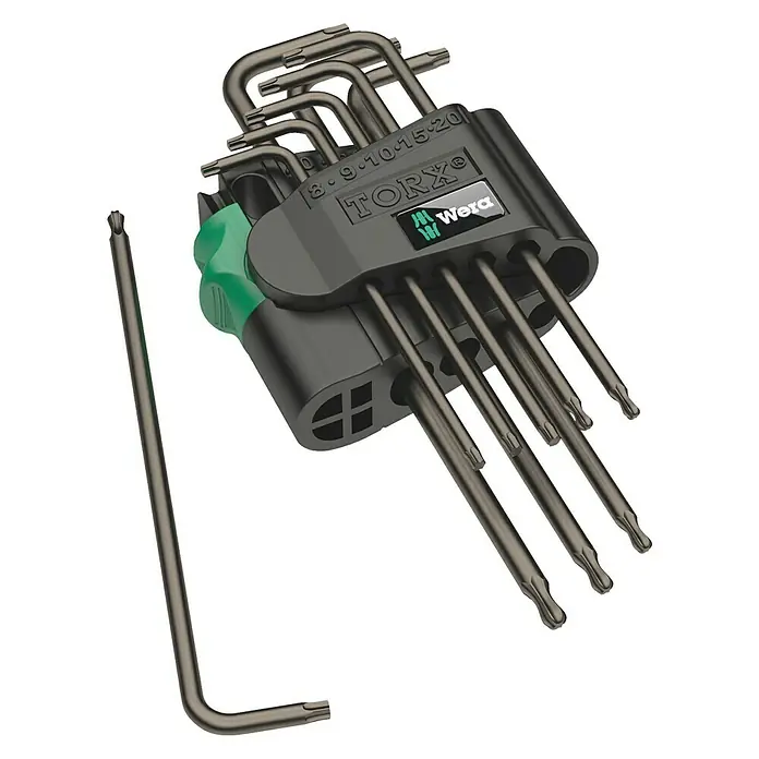 Wera Stiftschlüsselsatz 967 PKL - 9 -tlg. - Wera Torx Schlüsselsatz mit Halterung, enthält verschiedene Größen für Schrauben mit Torx Profil. Ideal für Werkstatt und Hobby.