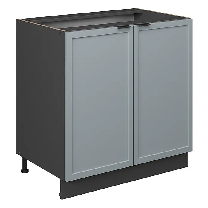 Vicco Schrankküche Fame-Line Hellblau-grau mit Regal, ohne Arbeitsplatte - Hellblau-grau, Unterschrank 80 cm - Grauer Küchenunterschrank mit zwei hellgrauen Rahmentüren und schwarzen Griffen, dunkler Seiten- und Sockelblende.