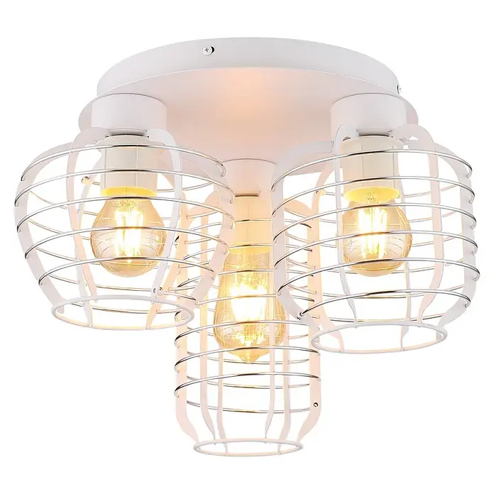 Globo Deckenstrahler Nesa - 60 W, E27, Ø x H: 375 x 280 mm - Weiße Metall-Deckenleuchte mit drei sichtbaren, leuchtenden Edison-Glühbirnen in dekorativen Käfigschirmen.