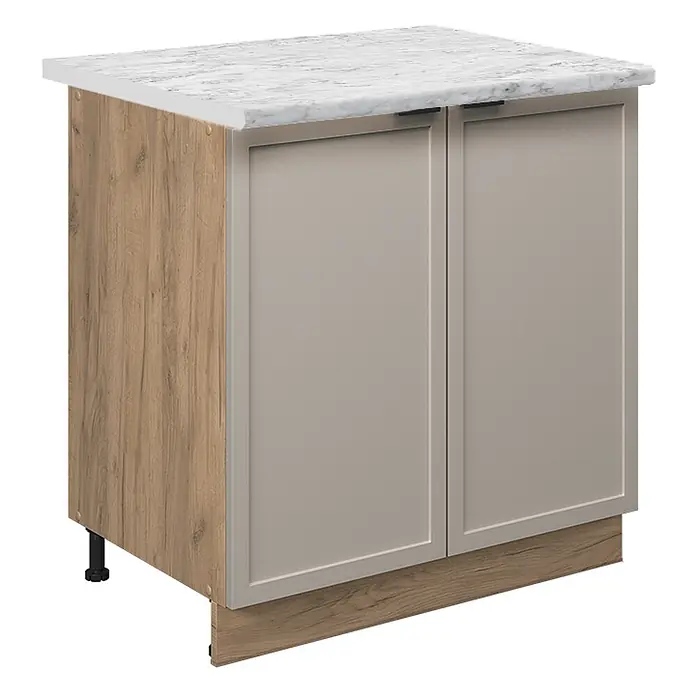 Vicco Schrankküche Fame-Line GrauBeige mit Regal, AP Marmor - GrauBeige, Unterschrank 80 cm, AP Marmor - Hellgrauer Unterschrank mit weißer Marmorplatte, Holzoptik-Seiten & Sockelblende und schwarzen Griffen.