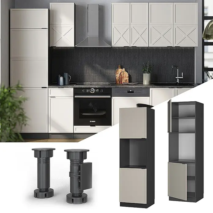 Vicco Schrankküche Fame-Line GrauBeige offen - GrauBeige, Herdumbauschrank hoch 60 cm offen - Moderne Küche mit hellen Schränken, dunkelgrauen Modulen mit beigefarbenen Türen und verstellbaren dunkelgrauen Möbelbeinen.