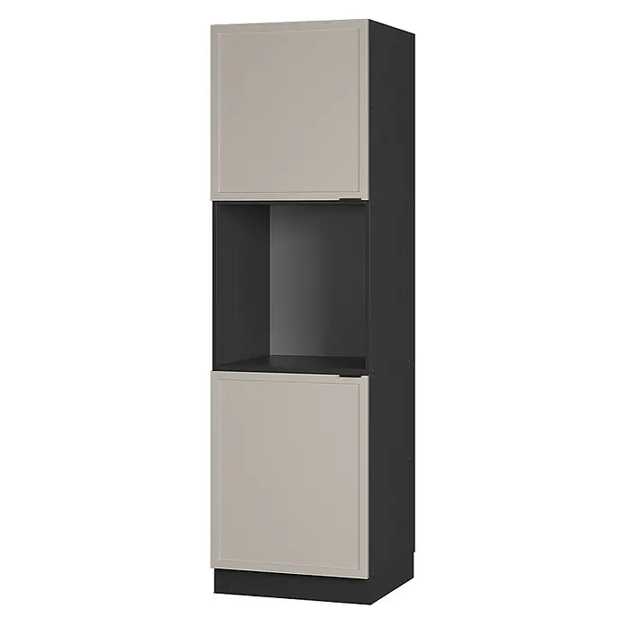 Vicco Schrankküche Fame-Line GrauBeige offen - GrauBeige, Herdumbauschrank hoch 60 cm offen - Hoher, dunkelgrauer Schrank mit zwei hellbeigen Türen und offenem Fach für ein Einbaugerät.