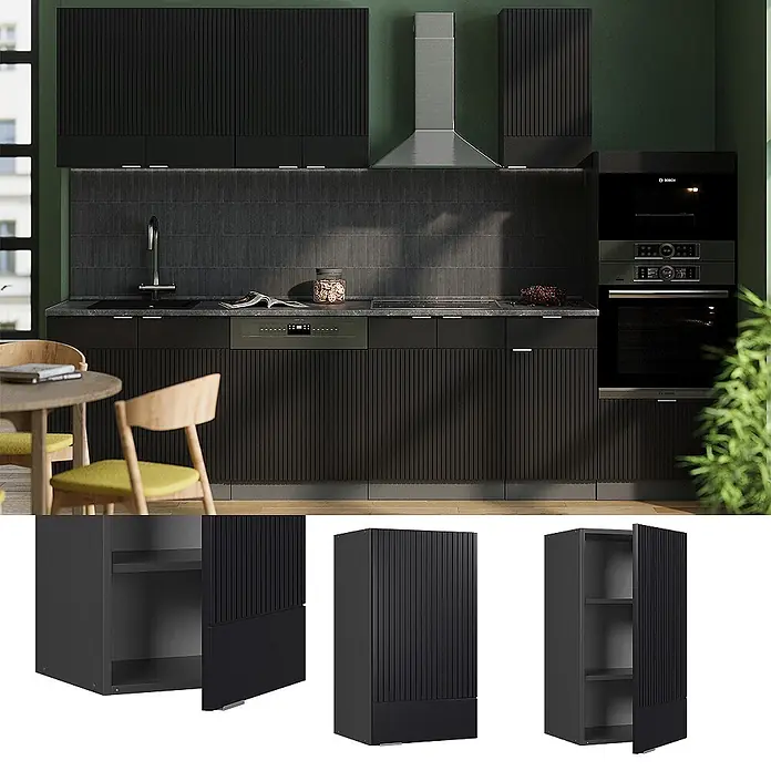 Vicco Schrankküche Fame-Line Schwarz gestreift - Schwarz gestreift, Hängeschrank 40 cm - Dunkle geriffelte Küchenschränke mit Unter-, Ober- und integrierten Geräteschränken in einer modernen Küche.