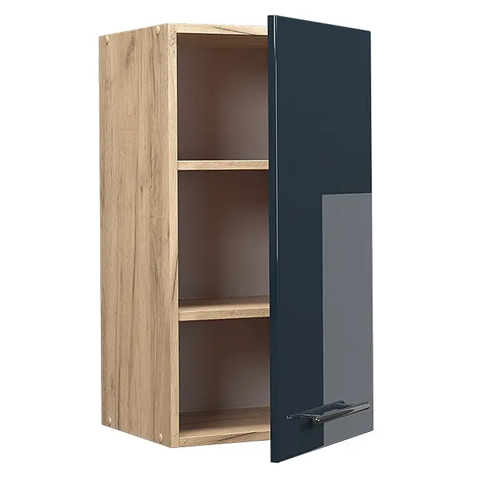 Vicco Schrankküche Fame-Line Dunkelblau Hochglanz - Breite: 40 cm, Dunkelblau Hochglanz, Hängeschrank 40 cm - Hängeschrank mit hellem Holzdekor und dunkelblauer Hochglanztür, leicht geöffnet, drei Regalböden zeigend.