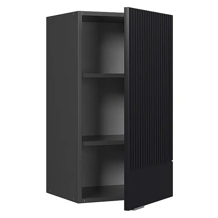 Vicco Schrankküche Fame-Line Schwarz gestreift - Schwarz gestreift, Hängeschrank 40 cm - Dunkelgrauer Wandschrank mit teilweise geöffneter, geriffelter Tür, der zwei Einlegeböden zeigt.