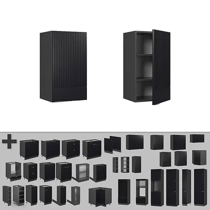 Vicco Schrankküche Fame-Line Schwarz gestreift - Schwarz gestreift, Hängeschrank 40 cm - Set schwarzer modularer Küchenschränke mit geriffelten Fronten, in verschiedenen Konfigurationen dargestellt.