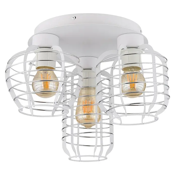 Globo Deckenstrahler Nesa - 60 W, E27, Ø x H: 375 x 280 mm - Weiße Deckenlampe aus Metall mit drei käfigartigen Schirmen, sichtbaren warmtönigen LED-Glühfadenlampen und silberfarbenen Ringen.