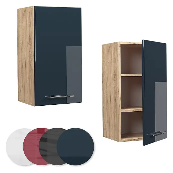 Vicco Schrankküche Fame-Line Dunkelblau Hochglanz - Breite: 40 cm, Dunkelblau Hochglanz, Hängeschrank 40 cm - Wandregal in Holzoptik mit glänzender dunkelblauer Tür und Regalböden.