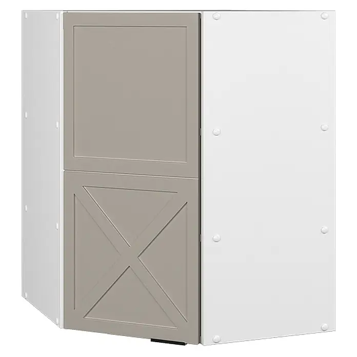Vicco Schrankküche Fame-Line GrauBeige - GrauBeige, Eckhängeschrank 57 cm - Taupefarbener Eckschrank mit zwei Türen und weißen Seitenwänden; untere Tür mit diagonalem Kreuzdesign.