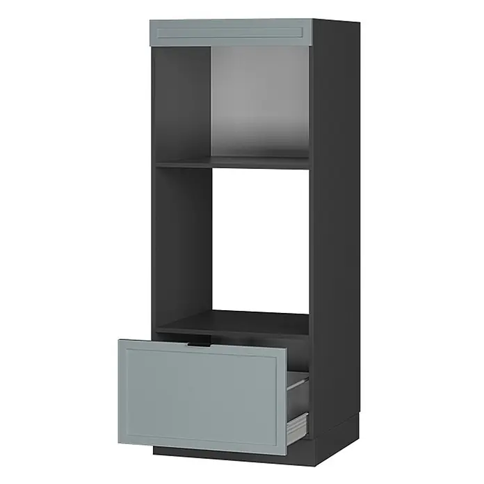 Vicco Schrankküche Fame-Line Hellblau-grau offen - Hellblau-grau, Mikrowellenumbauschrank 60 cm (offen) - Hoher, dunkelgrauer Küchenschrank mit geöffneter hellgrauer Schubladenfront. Mit Oberschrank und Geräteregalen.