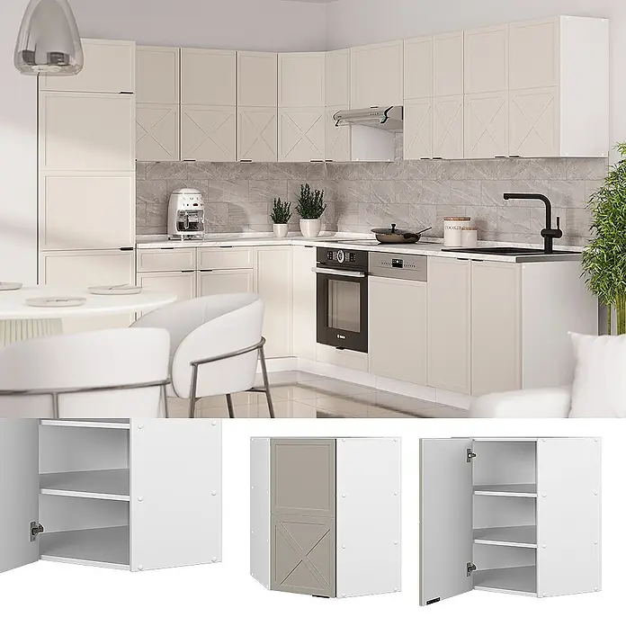 Vicco Schrankküche Fame-Line GrauBeige - GrauBeige, Eckhängeschrank 57 cm - Moderne beige Küchenschränke mit X-Muster, teils offen mit Regalböden, in kompletter Kücheneinrichtung.