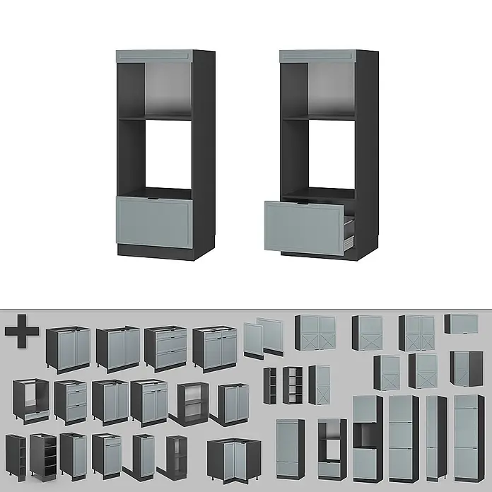 Vicco Schrankküche Fame-Line Hellblau-grau offen - Hellblau-grau, Mikrowellenumbauschrank 60 cm (offen) - Satz modularer Küchenschränke in Dunkel- und Hellgrau, mit verschiedenen Unter-, Wand- und Hochschränken, teils mit offenen Schubladen oder Regalen.