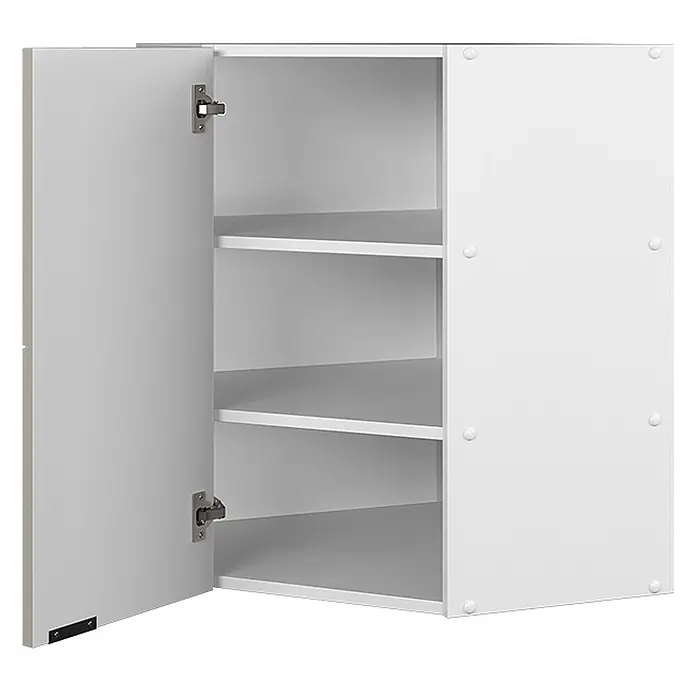Vicco Schrankküche Fame-Line GrauBeige - GrauBeige, Eckhängeschrank 57 cm - Weißer Wandschrank mit offener Tür, der drei Innenregale zeigt.