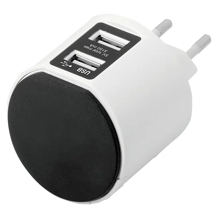 Simon Adaptador USB Combi con soporte - Blanco - Primer plano de un adaptador de corriente USB blanco con dos puertos USB y una base redonda negra.