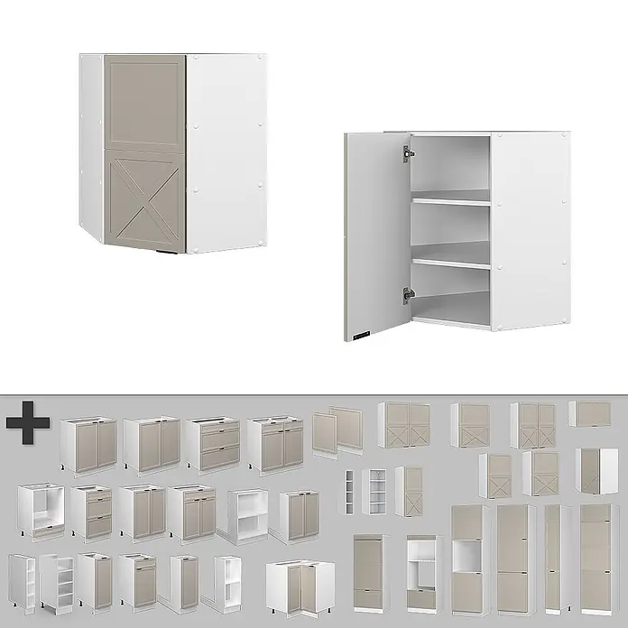 Vicco Schrankküche Fame-Line GrauBeige - GrauBeige, Eckhängeschrank 57 cm - Modulare weiße Küchenschränke mit hellbraunen Türen: Hängeschränke (Eck-, offenes Regal), Unterschränke und Hochschränke.