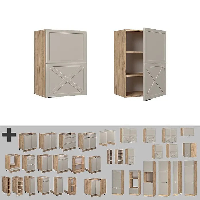 Vicco Schrankküche Fame-Line GrauBeige - GrauBeige, Hängeschrank 50 cm - Modulares Küchenschrank-Set mit hellem Holz und hellgrauen Fronten, teilweise mit Scheunentor-Kreuzmuster.