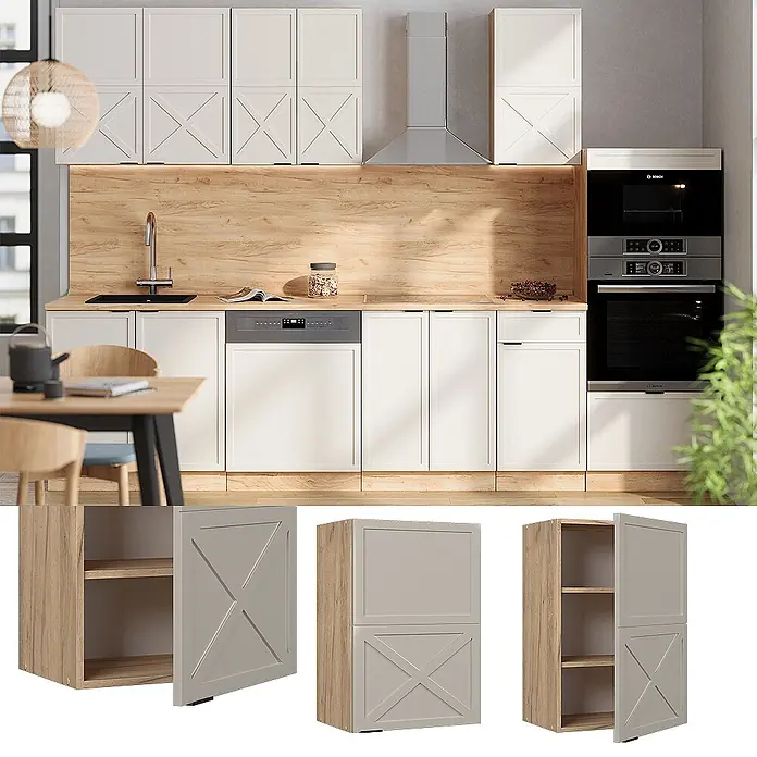 Vicco Schrankküche Fame-Line GrauBeige - GrauBeige, Hängeschrank 50 cm - Cremefarbene Küchenschränke mit X-Paneel-Türen, installiert in einer modernen Küche.