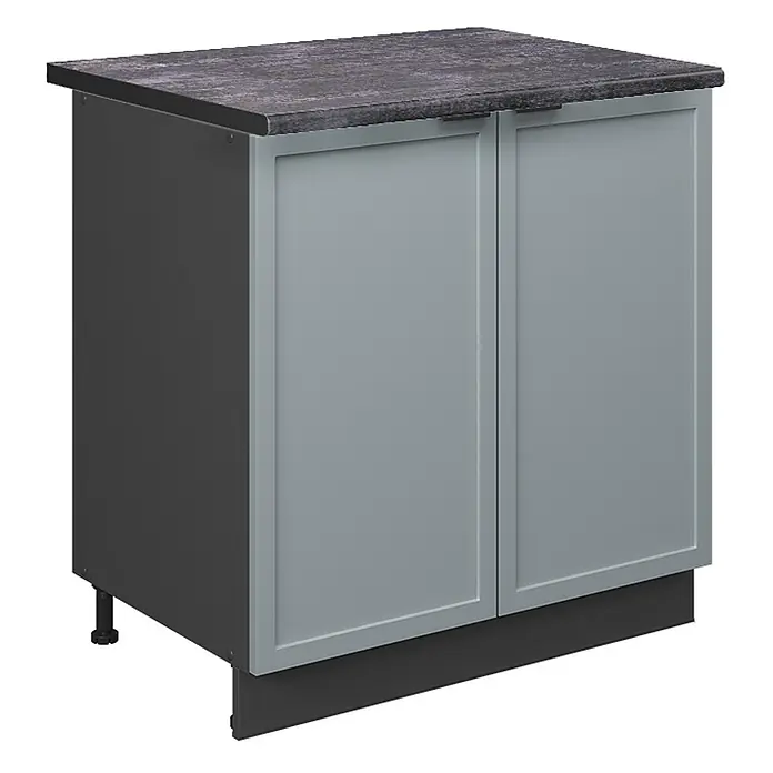 Vicco Schrankküche Fame-Line Hellblau-grau mit Regal, AP Anthrazit - Hellblau-grau, Unterschrank 80 cm - Grauer Küchenunterschrank mit dunkelgrauer Arbeitsplatte, zwei Kassettentüren und dunkelgrauem Sockel.