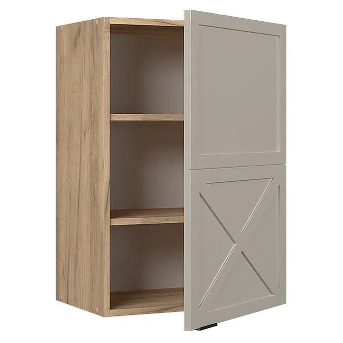 Vicco Schrankküche Fame-Line GrauBeige - GrauBeige, Hängeschrank 50 cm - Wandschrank in heller Holzoptik mit Einlegeböden und teilweise geöffneter hellgrauer Tür mit dekorativem X-Muster.
