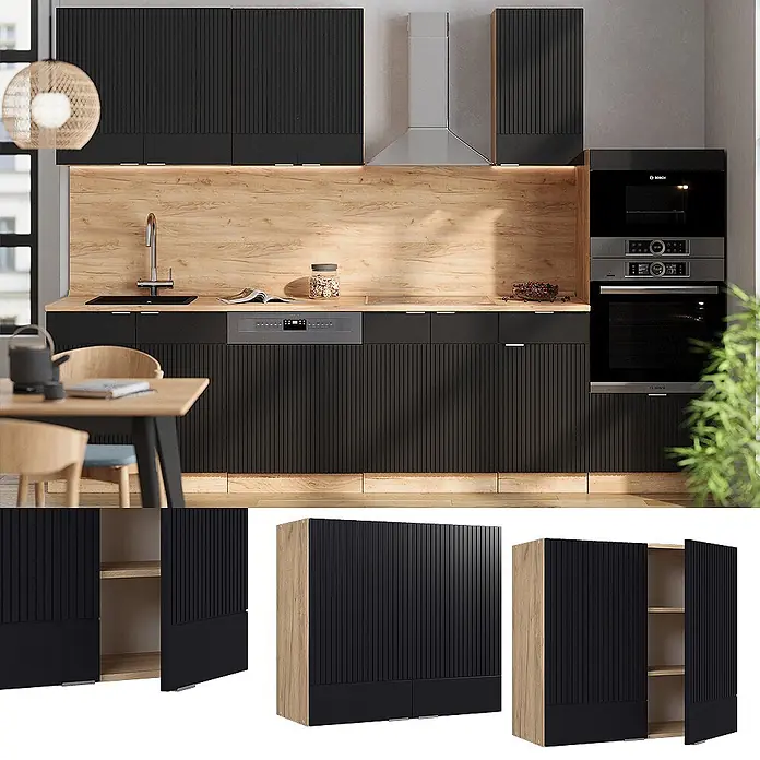 Vicco Schrankküche Fame-Line Schwarz gestreift - Schwarz gestreift, Hängeschrank 80 cm - Schwarze geriffelte Küchenschränke mit Holz-Arbeitsplatten und -Details, integriert in eine moderne Küche mit Geräten.