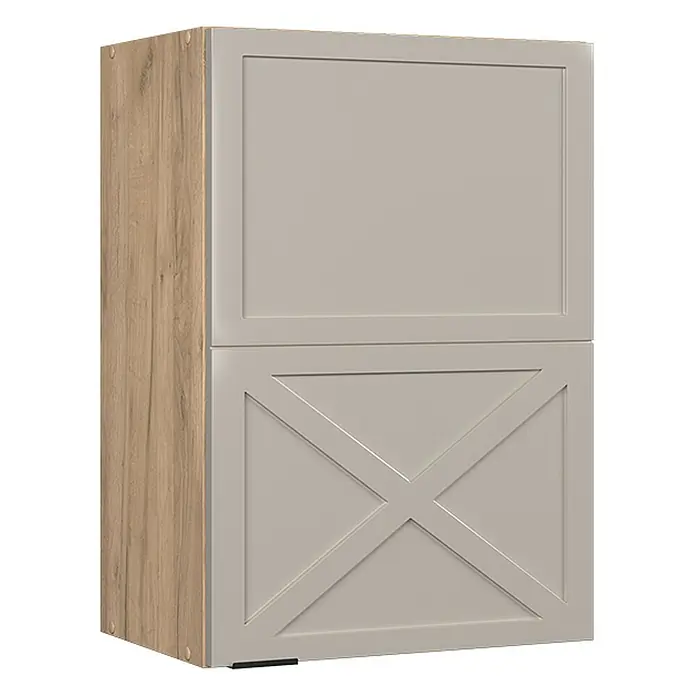 Vicco Schrankküche Fame-Line GrauBeige - GrauBeige, Hängeschrank 50 cm - Zweitüriger Schrank mit heller Holzoptik-Seitenwand und hellgrauen Fronten; obere Tür kassettiert, untere Tür mit Kreuzstreben.