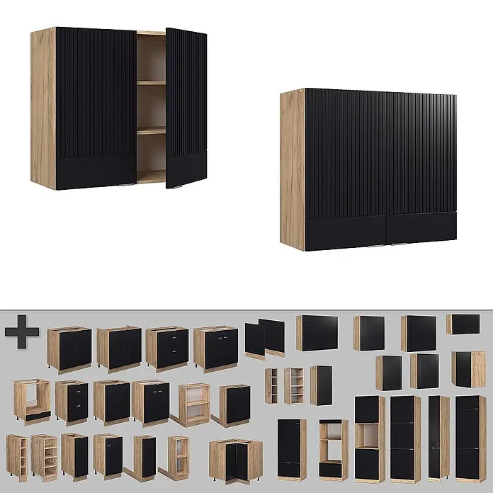 Vicco Schrankküche Fame-Line Schwarz gestreift - Schwarz gestreift, Hängeschrank 80 cm - Modulare Küchenschränke mit gerippten schwarzen Türen und hellen Eicheneffekt-Rahmen, in verschiedenen Konfigurationen dargestellt.