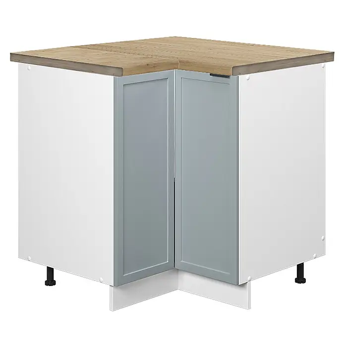 Vicco Schrankküche Fame-Line Hellblau-grau, AP Eiche - Hellblau-grau, Eckunterschrank, AP Eiche - Eckunterschrank für die Küche mit heller Holzplatte, weißen Seiten und hellblauen Türen.