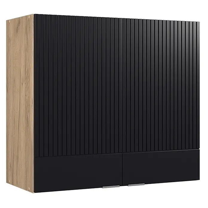 Vicco Schrankküche Fame-Line Schwarz gestreift - Schwarz gestreift, Hängeschrank 80 cm - Zweitüriger Schrank mit heller Holzoptik-Seite und schwarz gerippten sowie glatten Frontplatten, ausgestattet mit zwei silbernen Griffen.