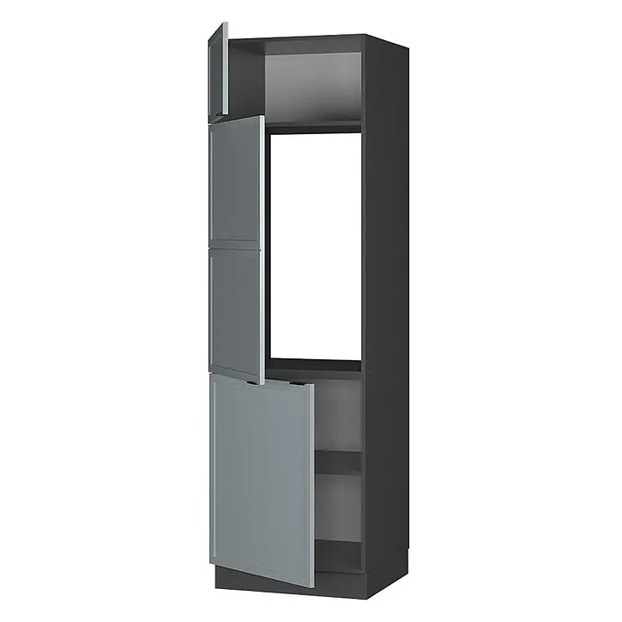 Vicco Schrankküche Fame-Line Hellblau-grau - Hellblau-grau, Kühlumbauschrank 60 cm - Hoher dunkelgrauer Küchenschrank mit geöffneten hellgrauen Türen, Regalböden und einer Nischenöffnung.
